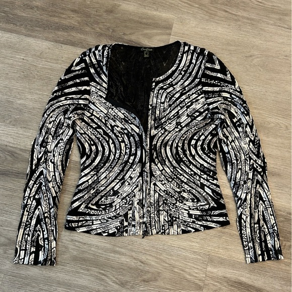 Cartise Black and White Patterned Ribbon Zip Up Jacket with Sheer Panels. - Picture 9 of 10